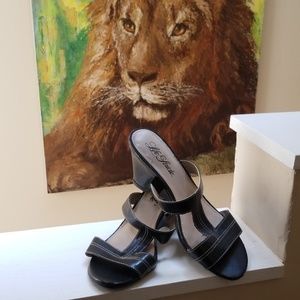 Black faux leather sandals